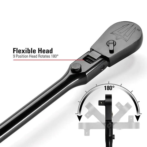 True Mechanic 90 Tooth Dust Proof Black Chrome Locking Flex Head Ratchet showing 180-degree head rotation