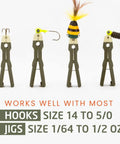 Fishing Knot Tying Tool with Line Threader displayed with various hooks and jigs, tackle box essential, forest green color.