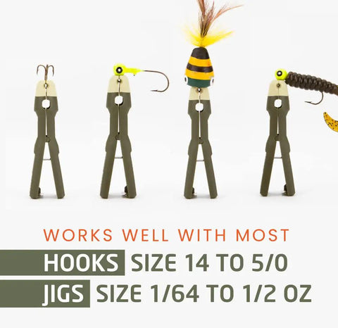 Fishing Knot Tying Tool with Line Threader displayed with various hooks and jigs, tackle box essential, forest green color.