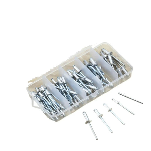 Alloy Aluminum Blind Rivet Kit With 5 Sizes, 70 Piece Assortment in a clear plastic organizer