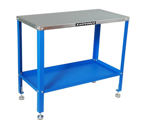 Rust Free 36 By 18 Inch Heavy Duty Universal Tool Stand With 1200 Lb Capacity, blue frame, built-in storage tray, 10 Ga top