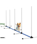 Dog jumping through Two Piece Dog Agility Training Equipment Set With Water Spray Tube And Weave Poles, whistle in view