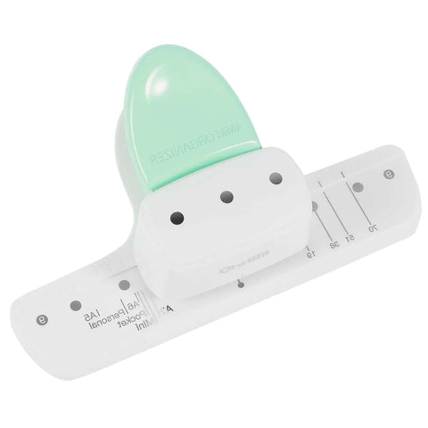 Three-Hole Mini Paper Puncher Portable Desktop Handheld Puncher With No-Fuss Eight-Sheet Capacity, mint green and white view