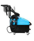 Pro Grade Heavy Duty Commercial Steam Cleaner 1750W 5 Gallon Tank 115 Psi side view with hose and wheels for easy mobility.
