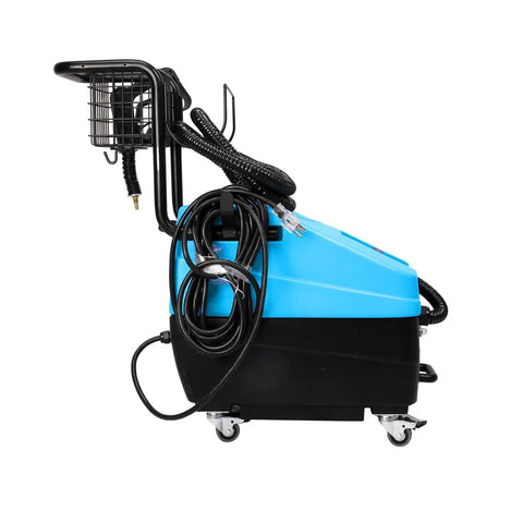 Pro Grade Heavy Duty Commercial Steam Cleaner 1750W 5 Gallon Tank 115 Psi side view with hose and wheels for easy mobility.
