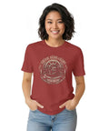 Cool Engineer T Shirt With Vintage Gear Emblem For Garage Projects And Mechanical Gifts Featuring Classic Badge Artwork On Soft Tee worn by a woman in red.