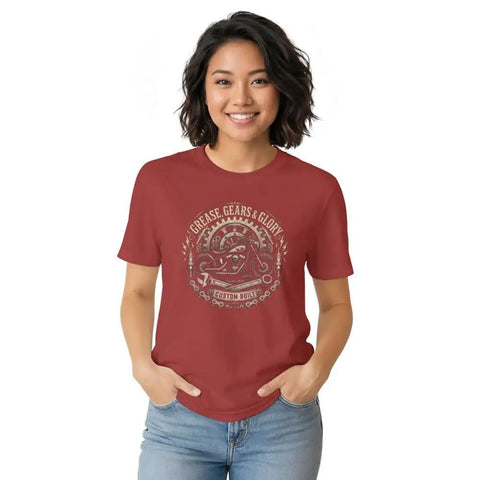 Cool Engineer T Shirt With Vintage Gear Emblem For Garage Projects And Mechanical Gifts Featuring Classic Badge Artwork On Soft Tee worn by a woman in red.