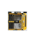 Front view of DEWALT 14-piece cobalt drill bit set in yellow/black case with pilot-point bits
