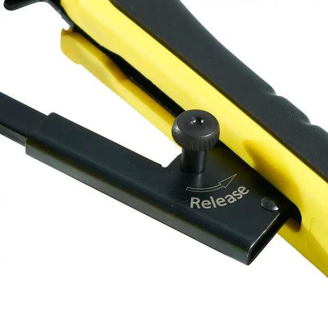 Close-up of All In One Modular Installation Kit With Ratcheting Crimper And Stripper showing release lever on durable steel body.