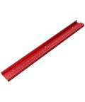 Red aluminum 45 Type T Slot Miter Track with measurements for router tables, designed for precision in woodworking setups.