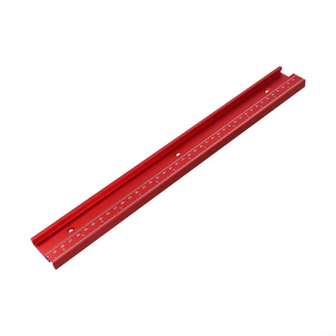 Red aluminum 45 Type T Slot Miter Track with measurements for router tables, designed for precision in woodworking setups.