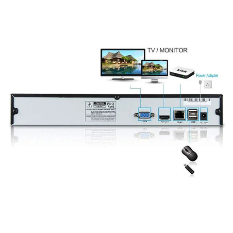 Back view multi channel NVR system with 1080P to 8MP ultra HD network video recorder for cloud P2P remote access and motion detection alerts
