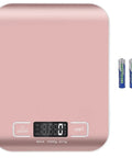 Pink digital shipping scale with stainless steel panel, showing display and buttons, 5kg by 1g precision, includes batteries.
