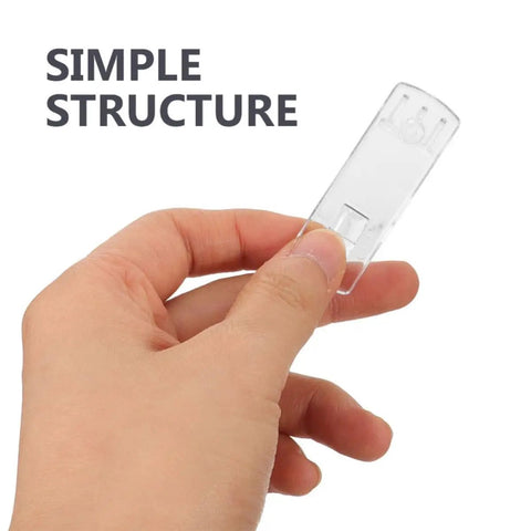 Hand holding a clear plastic piece, labeled 'SIMPLE STRUCTURE,' part of the 50 Pack White Plastic Shelf Support Pegs For Cabinets And Living Room Shelves.