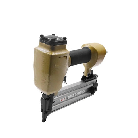 No Sweat Heavy Duty Oil Free Pneumatic Staple Gun F50 Air Brad Nailer with rubber grip and metallic driver set.