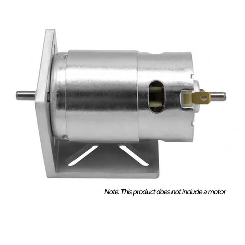 Side view of a silver aluminum L-shaped motor mounting bracket with a small DC motor attached