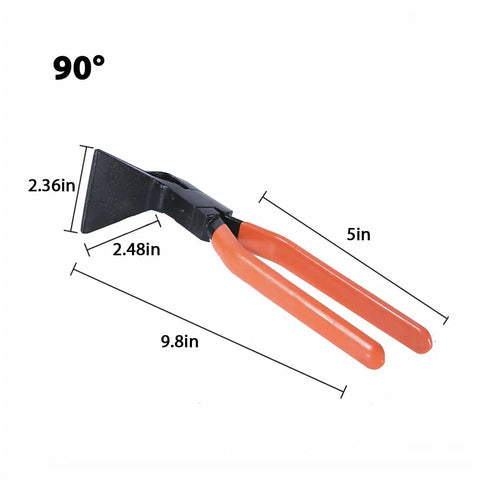 90 degree plier from Pro Grade Three Piece Hand Seamers Set, durable carbon steel, chromium finish, dimensions marked, orange handles