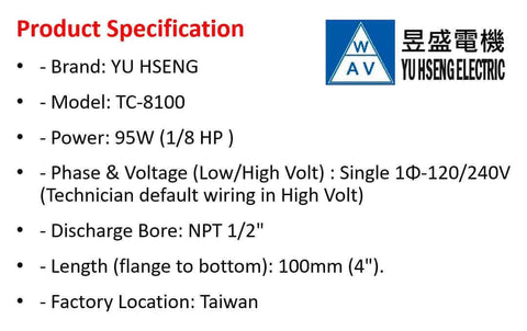 Coolant pump for lathe and band saw machinery, 1/8 HP, 120/240V single-phase, NPT 1/2", 100 mm length, Taiwan, YUHSENG