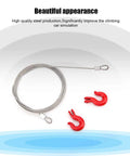 Three Piece RC Car Steel Rope Pulley Lock Sleeve Set for 1 10 Scale Crawlers, Snatch Block Winch Tow Strap Hook Trailer Kit for Gnarly Climbing Action, Durable Steel Construction for Rugged Trails. Steel RC rope and red hooks on white background.