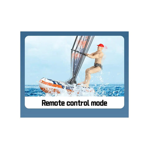 RC Sailboard Surfing Boat With Animated Surfer, 2.4G Remote Control on water, showing never-flip design and yellow accents