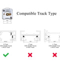 Diagram showing compatibility of Dimmable LED Track Lighting Heads with H Type 120V single circuit track, not J or L types.