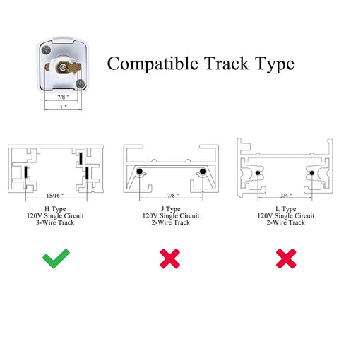 Diagram showing compatibility of Dimmable LED Track Lighting Heads with H Type 120V single circuit track, not J or L types.