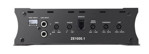 Back view of Beast 2000W Monoblock Class D Car Amplifier showing controls for gain, phase, bass boost, subsonic, and LPF.