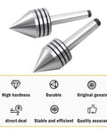 Angled front view of two CHENTEC MT2 tailstock live centers; metal with conical tips.
