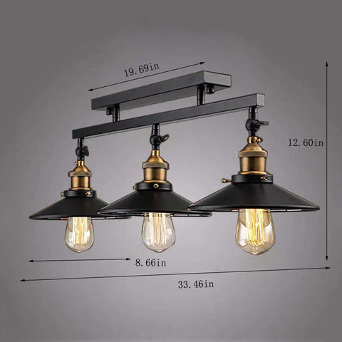 Industrial Vintage 3 Light Semi Flush Ceiling Mount Fixture For Home Kitchen Living Room Dining Room Dope Retro Metal Chandelier 33.46in wide