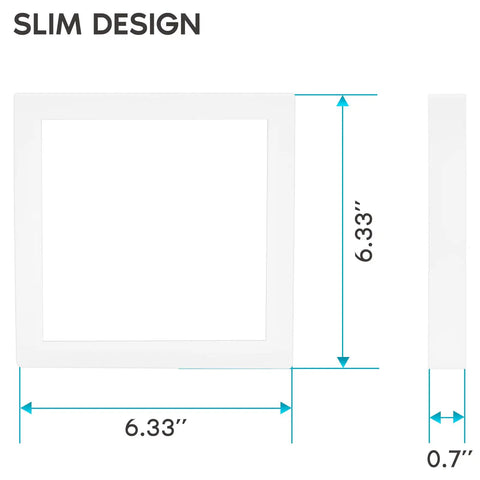 Diagram of Square 6 Inch LED Flush Mount Ceiling Light Fixture dimensions showing 6.33x6.33 inches and 0.7 inch thickness.