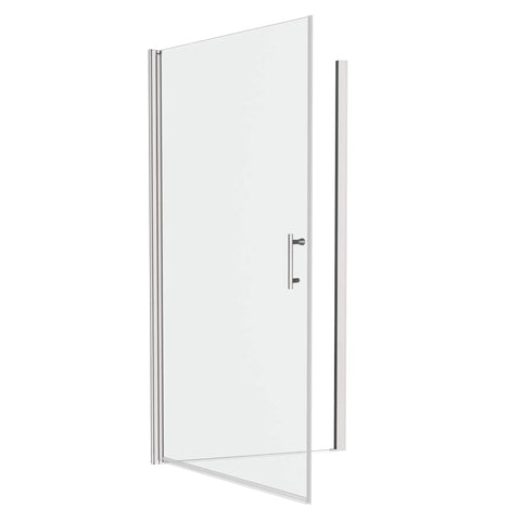 Rugged Chrome Shower Door Pivot Hinges For Outward Opening Enclosures, Adjustable 30 To 31 And 3 Eighths Inches, One Quarter Inch Tempered Glass, Built To Last 36,000 Open Close Cycles, Modern Aluminum Frame With Stainless Steel Handle on outward-opening glass door