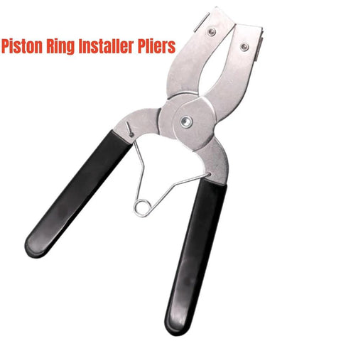 Pro Grade Piston Ring Pliers Kit With Ring Installer And Removal Tool for installing and removing rings in garage, black handles.