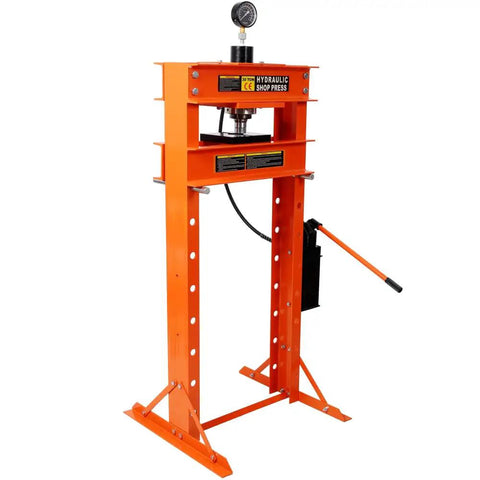Badass 30 Ton Air Hydraulic Shop Press With Gauge And Air Pump, Heavy Duty H Frame for auto repair in orange.