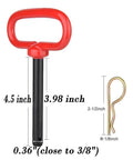 Three Eighths Inch Trailer Hitch Pin And Clip With Red Handle, 4.5 inch length, heavy duty steel, shown with clip dimensions