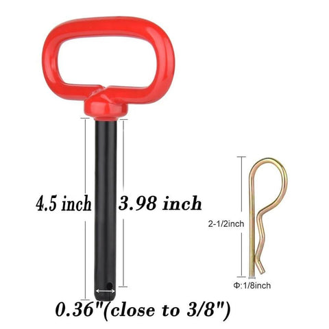 Three Eighths Inch Trailer Hitch Pin And Clip With Red Handle, 4.5 inch length, heavy duty steel, shown with clip dimensions