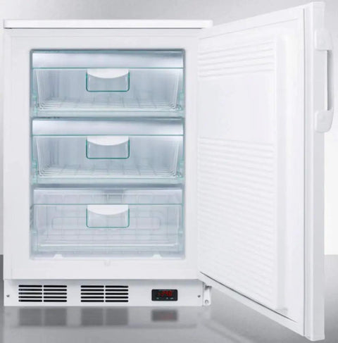Real Deal Commercial Upright Freezer With Digital Thermostat, Ultra Low Temp Negative Thirty Five Celsius For Pharma And Bulk Groceries, Slim Counter Height Design Keeps Your Stash Frozen In White, open door with three drawers.