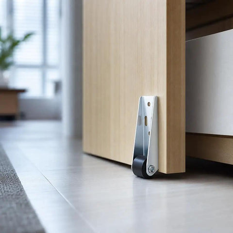 Rock Solid Vertical Track Roller Wheels For Sliding Barn Doors Featuring Quiet Rubber Casters And Reinforced Bearings installed on a wooden door.
