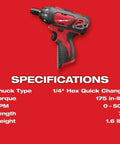 Hella Compact And Ridiculously Slick 12V Cordless Driver Drill Kit With Variable Speed Trigger Quick Change Chuck 175 Inch Pounds Torque And Real Time Battery Fuel Gauge showing 1/4" Hex Quick Change chuck and specs.