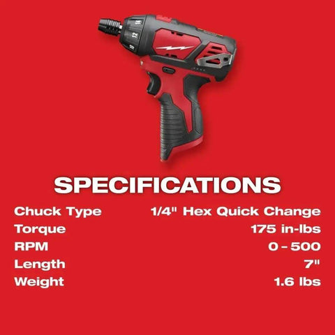 Hella Compact And Ridiculously Slick 12V Cordless Driver Drill Kit With Variable Speed Trigger Quick Change Chuck 175 Inch Pounds Torque And Real Time Battery Fuel Gauge showing 1/4" Hex Quick Change chuck and specs.