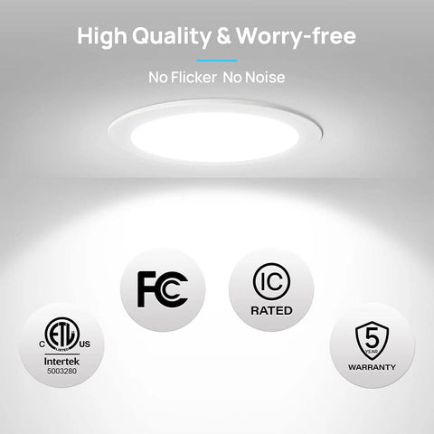 Ultra Thin 4 Inch LED Recessed Light Canless Retrofit Kit 12 Pack With 5CCT 2700K To 5000K Dimmable 10W 750LM CRI Over 90 ETL Listed Sloped Ceiling Friendly Easy Install For Kitchen Garage Bathroom Office showing features like ETL, FCC, IC ratings, and 5-year warranty on a white background with glowing light.