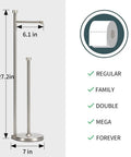 Brushed Nickel Freestanding Toilet Paper Holder Stand With Storage, 27.2in tall, 7in base, shown with size dimensions and roll compatibility