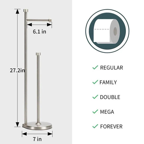 Brushed Nickel Freestanding Toilet Paper Holder Stand With Storage, 27.2in tall, 7in base, shown with size dimensions and roll compatibility