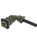 MS3102/MS3106 circular military connector plug with olive-green housing and black cable, 4 gold pins (front view)