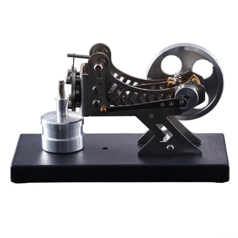 Steam Engine Model Kit For DIY Learning With Aluminum Body on black base, side view showcasing hot gas turbine motor mechanism.