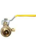 Front view of Barb Crimp Pex 3/4 Inch Ball Valve with Drain showing yellow handle, suitable for residential and commercial plumbing.