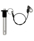 Heavy Duty 304 Stainless Steel Quick Release Ball Lock Pin with Push Button and Twenty Four Centimeter Lanyard Five Sixteenth Inch Diameter Fifteen Millimeter Usable Length Tough As Nails For Marine Gear Aluminum Handle Black Coated