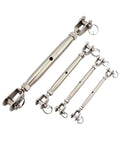 Heavy Duty 304 Stainless Steel Jaw Turnbuckle Closed Body Design For Marine Rigging And Outdoor Construction Projects Built Tough No Frills Cable Tension Adjuster Workhorse Gear, showcasing a set of four varying sizes.