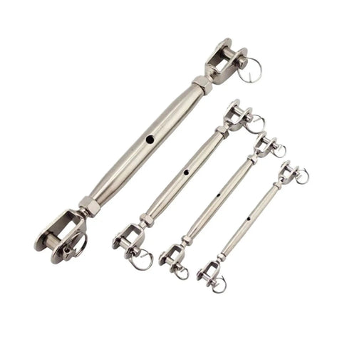 Heavy Duty 304 Stainless Steel Jaw Turnbuckle Closed Body Design For Marine Rigging And Outdoor Construction Projects Built Tough No Frills Cable Tension Adjuster Workhorse Gear, showcasing a set of four varying sizes.