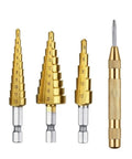 Heavy Duty HSS Step Cone Drill Bit Set For Wood And Metal Featuring Precision Countersinking and Smooth Cutting Action, gold and silver drill bits.