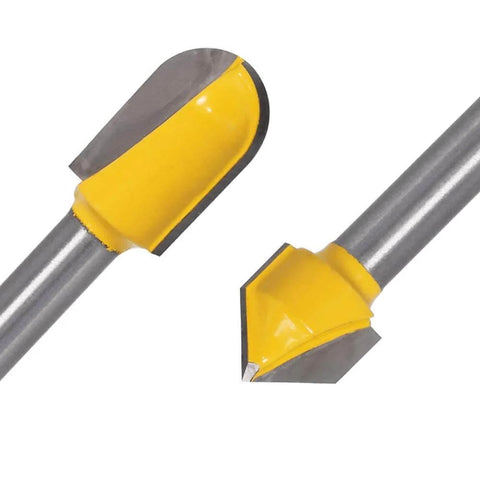 Close-up of Six-Piece One Quarter Inch Shank Pro Grade Carbide Router Bit Set with 90 Degree V-Groove and Round Nose Bits
